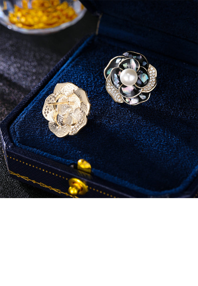 Fashion and Elegant Plated Gold Pattern Flower Imitation Stud Earrings with Cubic Zirconia - Luxurious Look