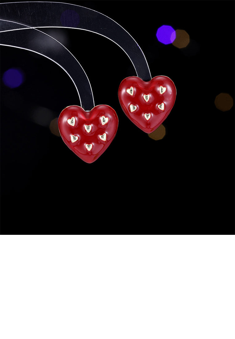 Simple and Cute Plated Gold Enamel Red Heart-shaped Stud Earrings - Vibrant Color