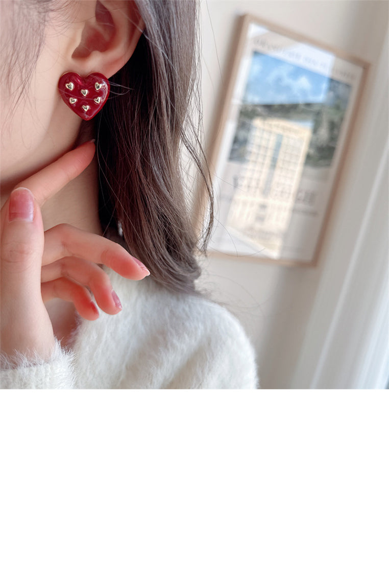 Simple and Cute Plated Gold Enamel Red Heart-shaped Stud Earrings - Vibrant Color