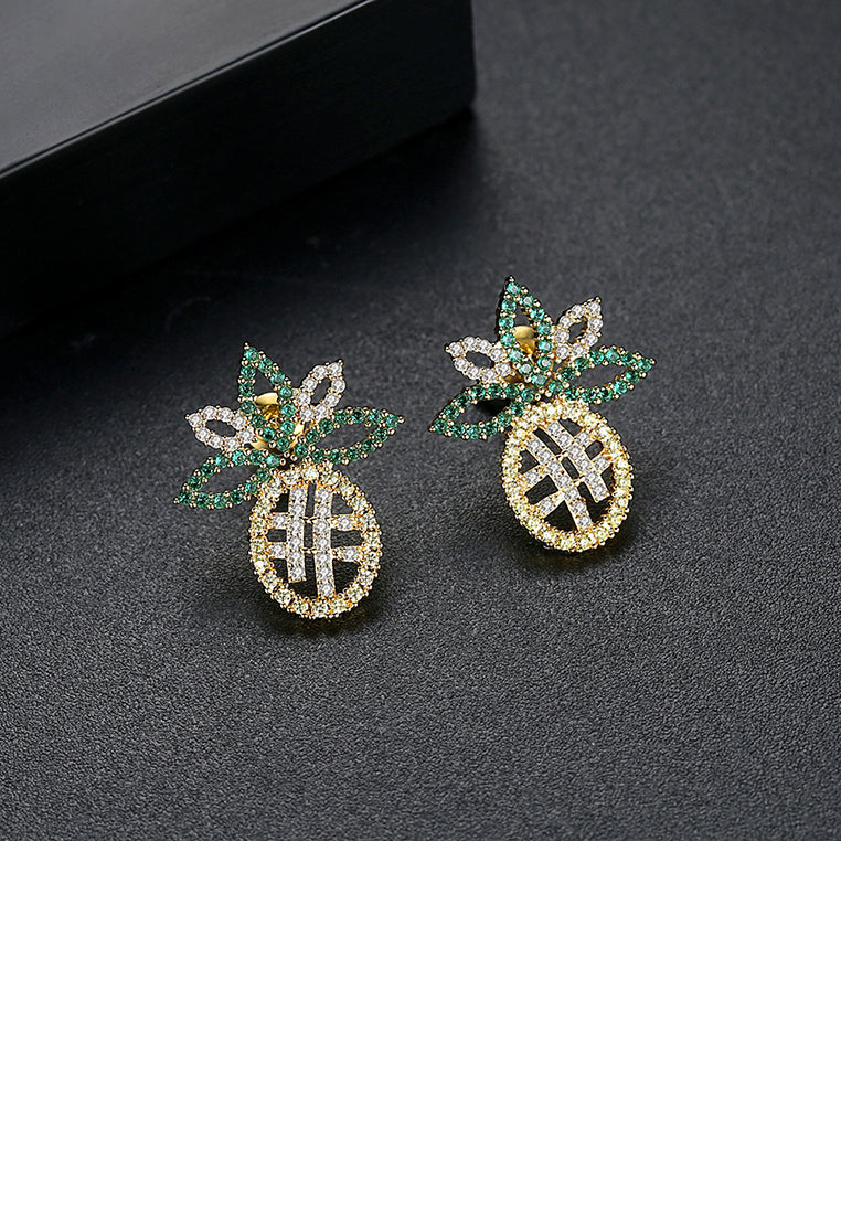 Fashion Creative Plated Gold Pineapple Stud Earrings with Colorful Cubic Zirconia - Luxurious Look