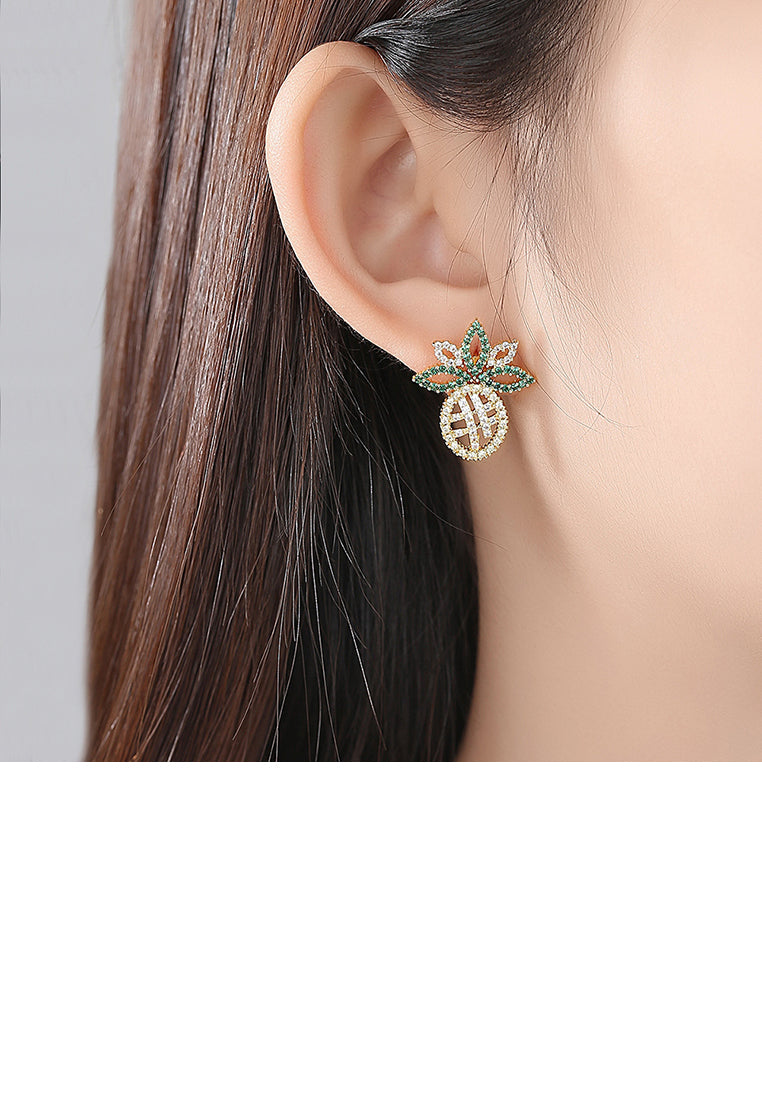 Fashion Creative Plated Gold Pineapple Stud Earrings with Colorful Cubic Zirconia - Luxurious Look