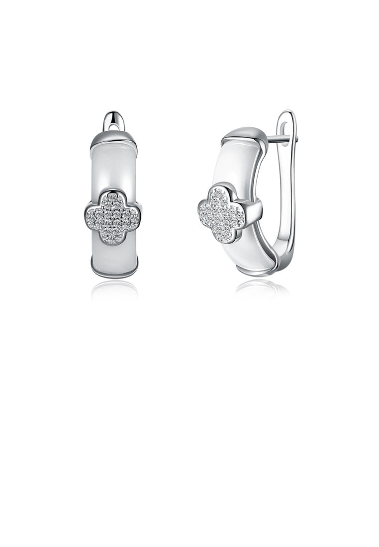 925 Sterling Silver Fashion Elegant Flower White Ceramic Earrings with Cubic Zircon