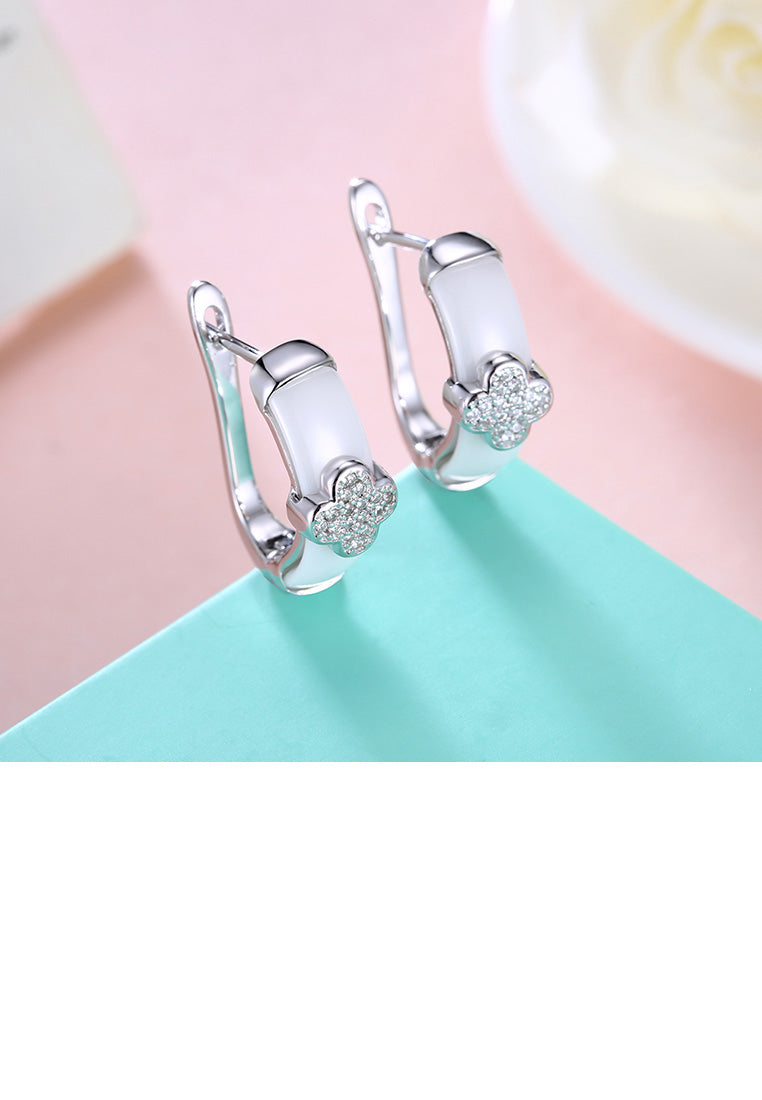 925 Sterling Silver Fashion Elegant Flower White Ceramic Earrings with Cubic Zircon