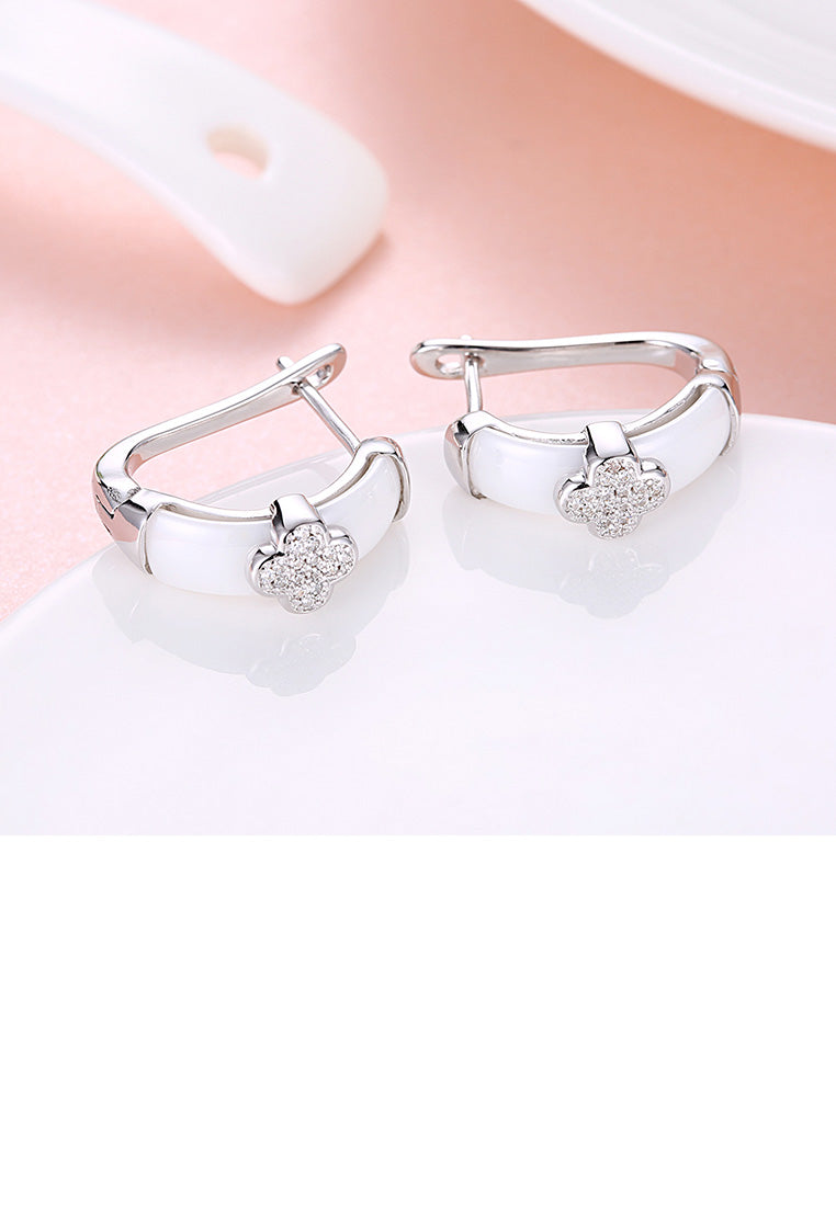 925 Sterling Silver Fashion Elegant Flower White Ceramic Earrings with Cubic Zircon
