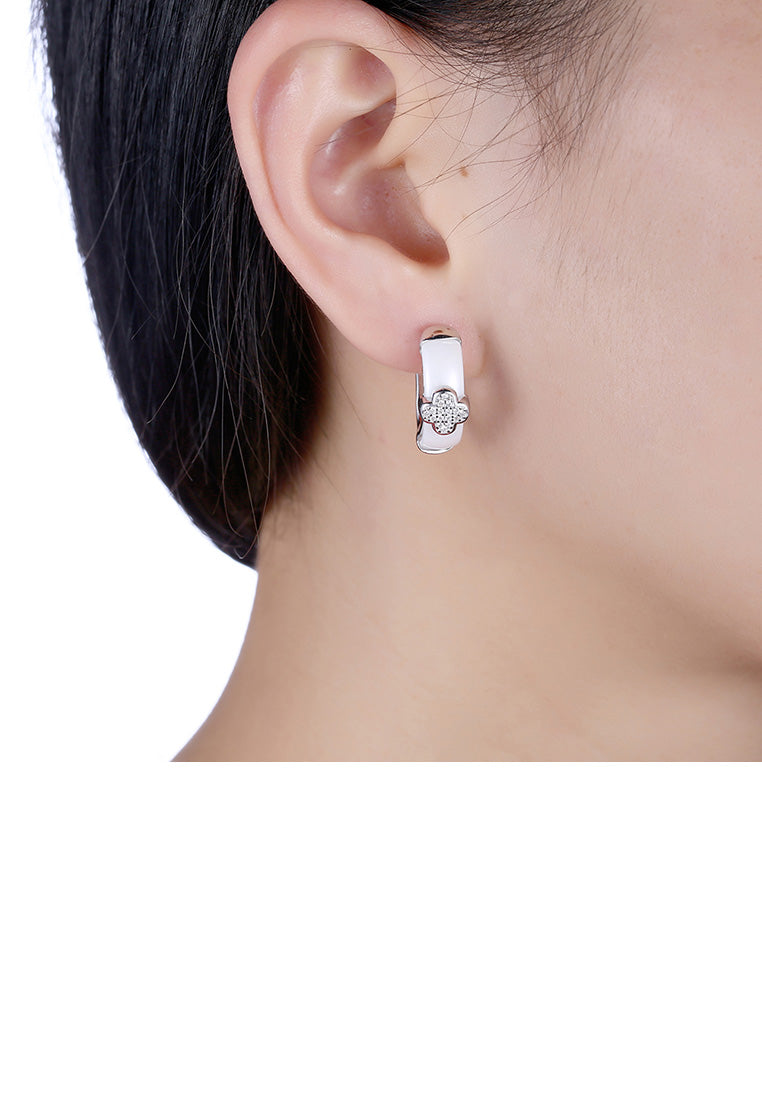 925 Sterling Silver Fashion Elegant Flower White Ceramic Earrings with Cubic Zircon