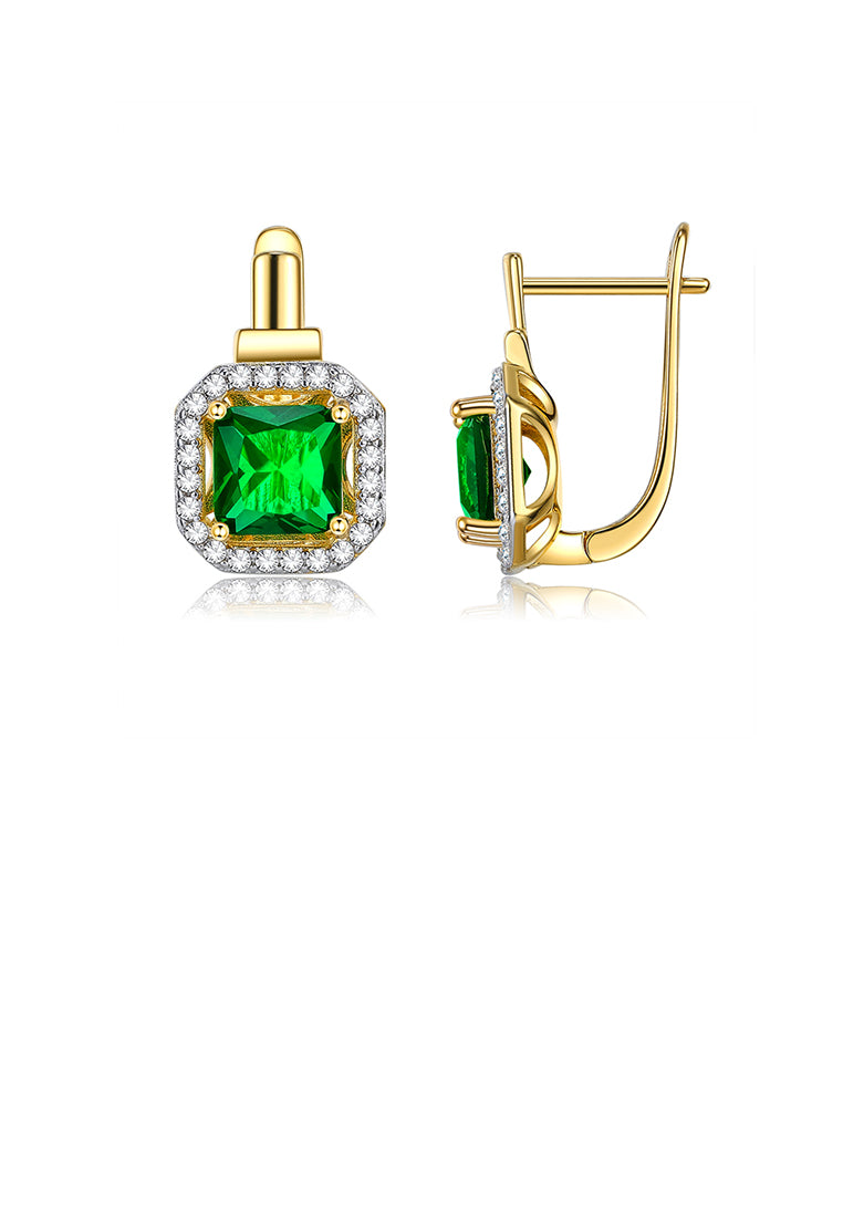 Simple and Bright Plated Gold Geometric Square Earrings with Green Cubic Zirconia - Luxurious Look