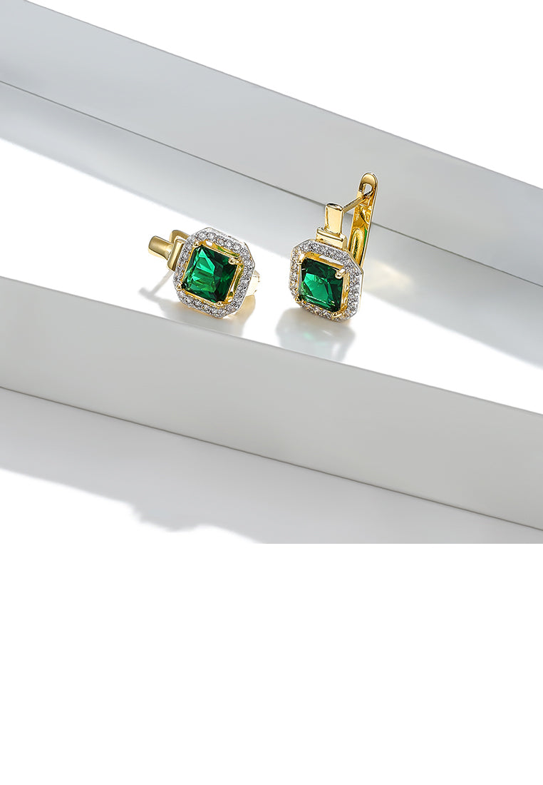 Simple and Bright Plated Gold Geometric Square Earrings with Green Cubic Zirconia - Luxurious Look