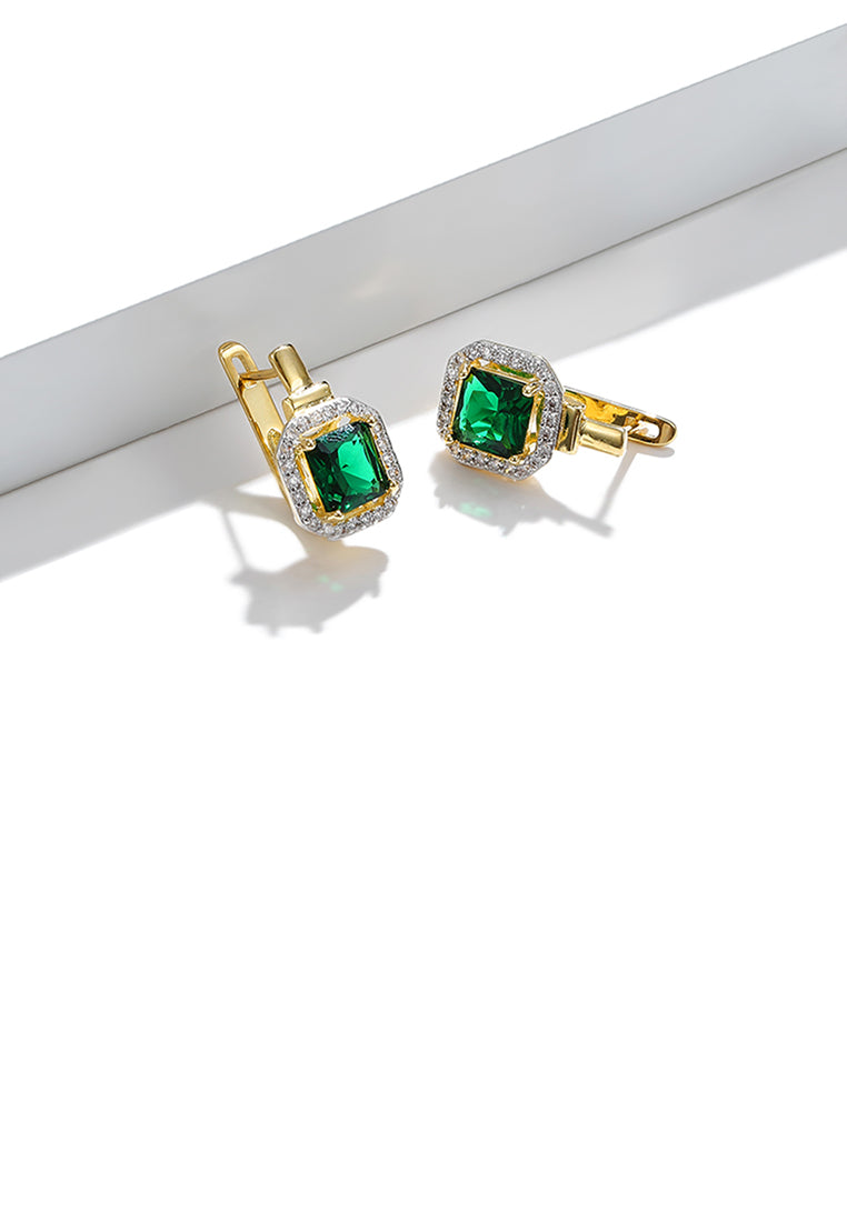 Simple and Bright Plated Gold Geometric Square Earrings with Green Cubic Zirconia - Luxurious Look
