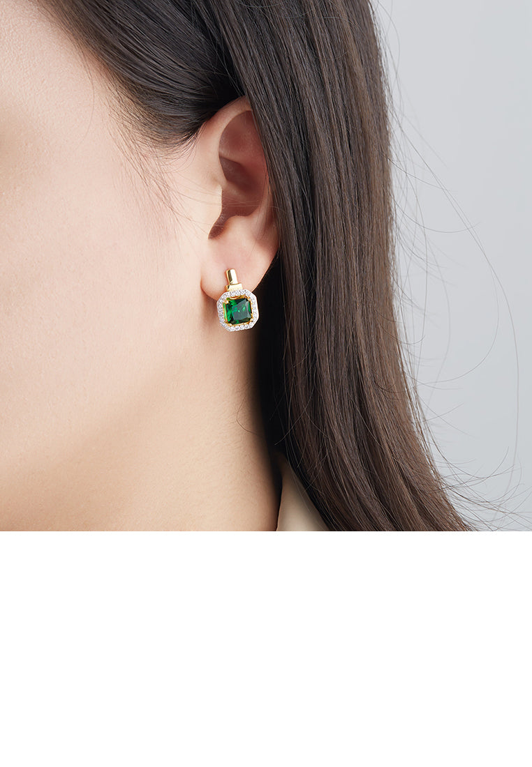 Simple and Bright Plated Gold Geometric Square Earrings with Green Cubic Zirconia - Luxurious Look