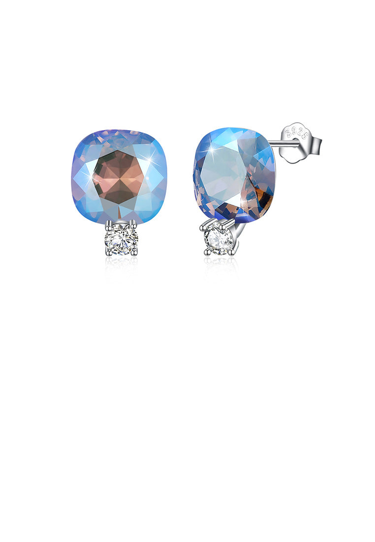 925 Sterling Silver Fashion Simple Geometric Square Stud Earrings with Lake Blue Austrian Element Crystal