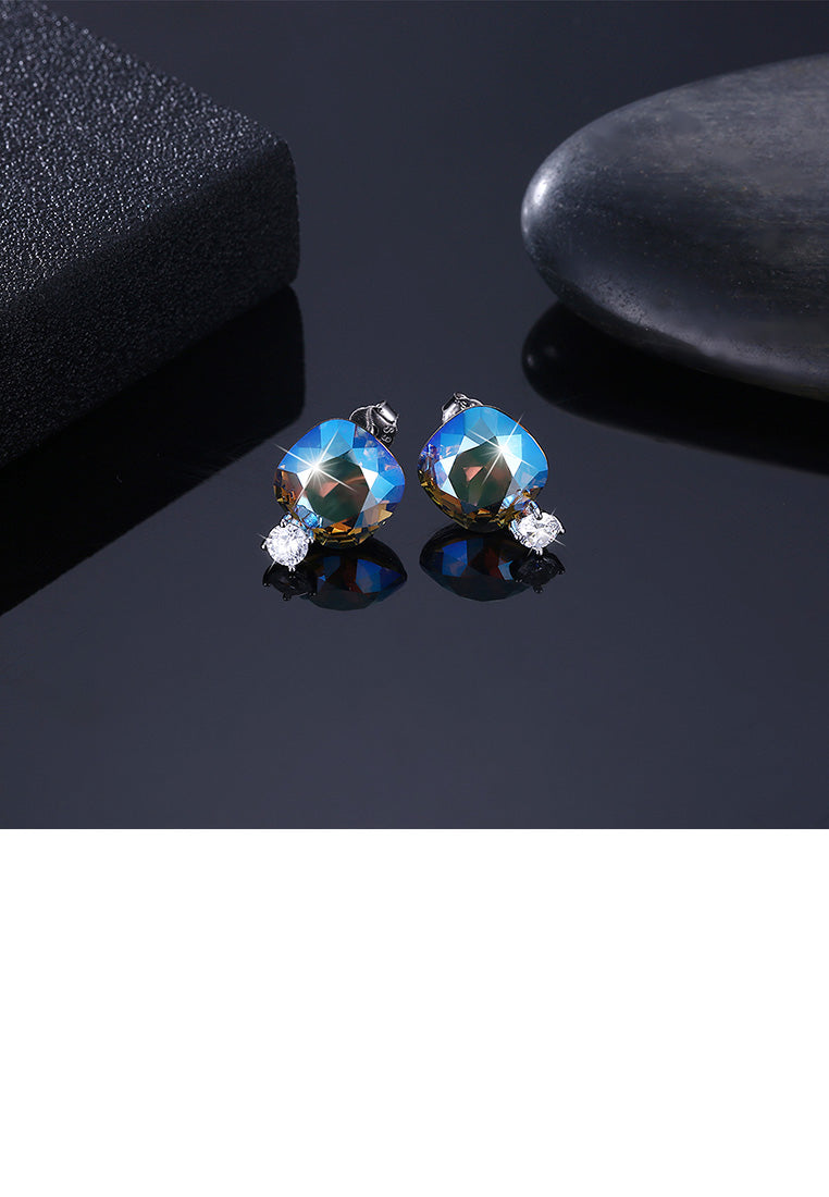 925 Sterling Silver Fashion Simple Geometric Square Stud Earrings with Lake Blue Austrian Element Crystal