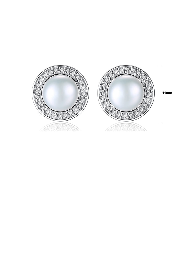 925 Sterling Silver Fashion and Elegant Geometric Round White Freshwater Pearl Earrings with Cubic Zirconia - Luxurious Look