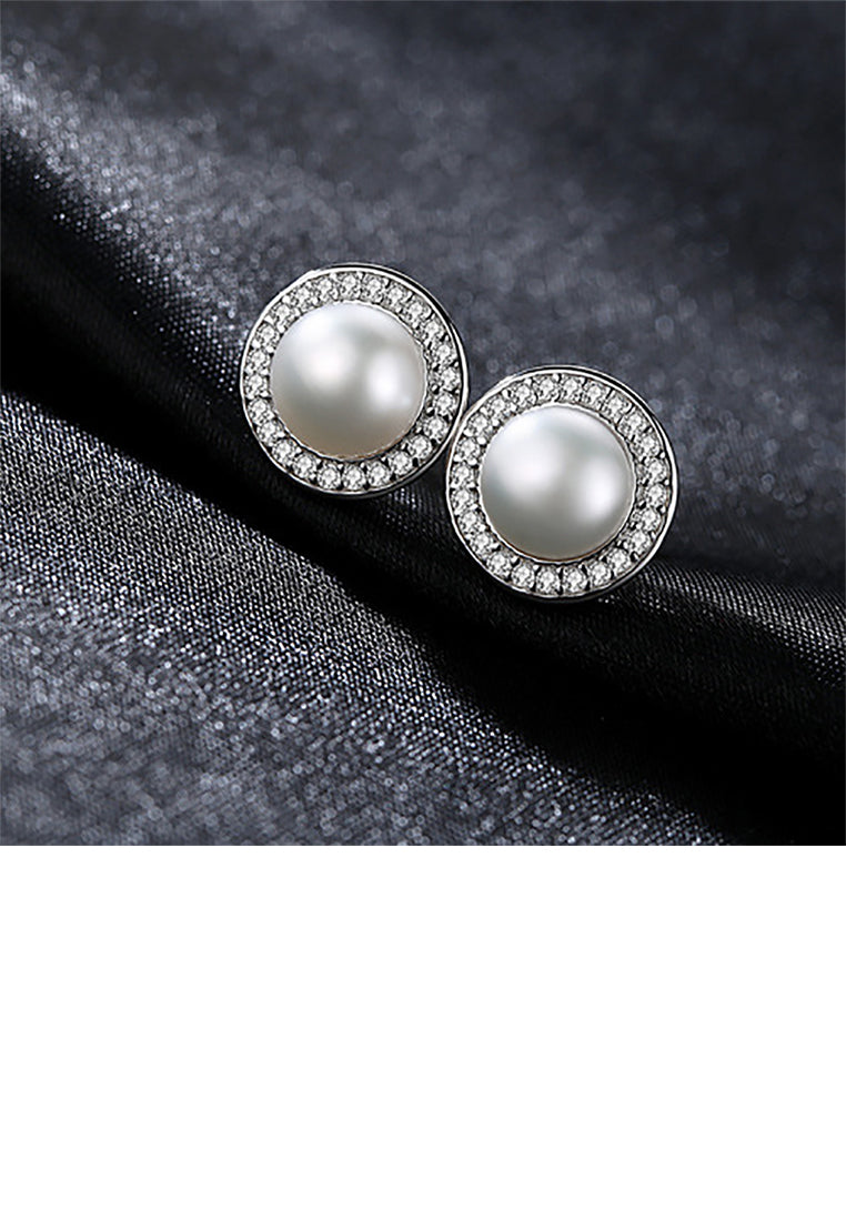 925 Sterling Silver Fashion and Elegant Geometric Round White Freshwater Pearl Earrings with Cubic Zirconia - Luxurious Look