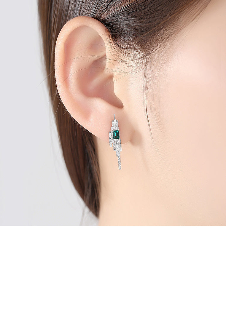 925 Sterling Silver Elegant Shining Geometric Tassel Earrings with Green Cubic Zirconia - Luxurious Look