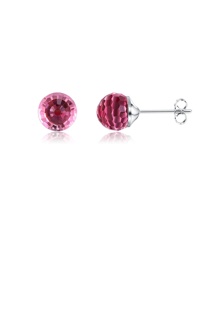 925 Sterling Silver Simple Geometric Round Stud Earrings with Red Austrian Element Crystal - Vibrant Color