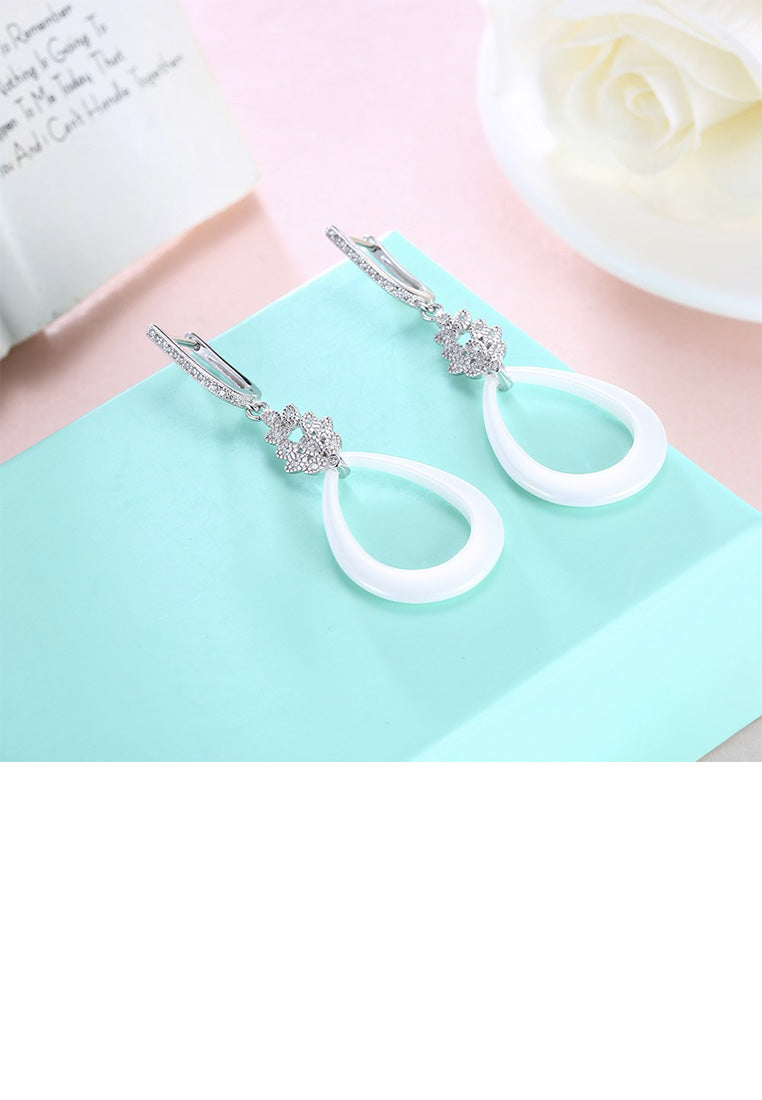 925 Sterling Silver Fashion Simple Cubic Zircon Water Drop Shape White Ceramic Earrings