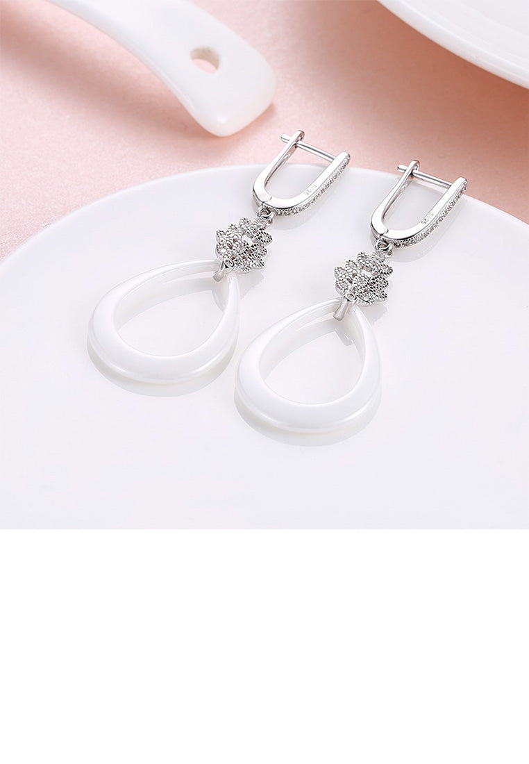 925 Sterling Silver Fashion Simple Cubic Zircon Water Drop Shape White Ceramic Earrings