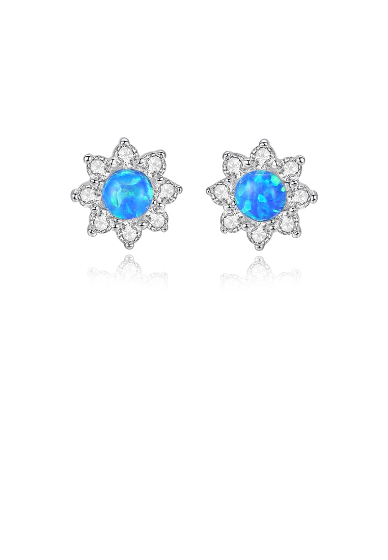 925 Sterling Silver Fashion and Elegant Flower Blue Imitation Opal Earrings with Cubic Zirconia - Luxurious Look