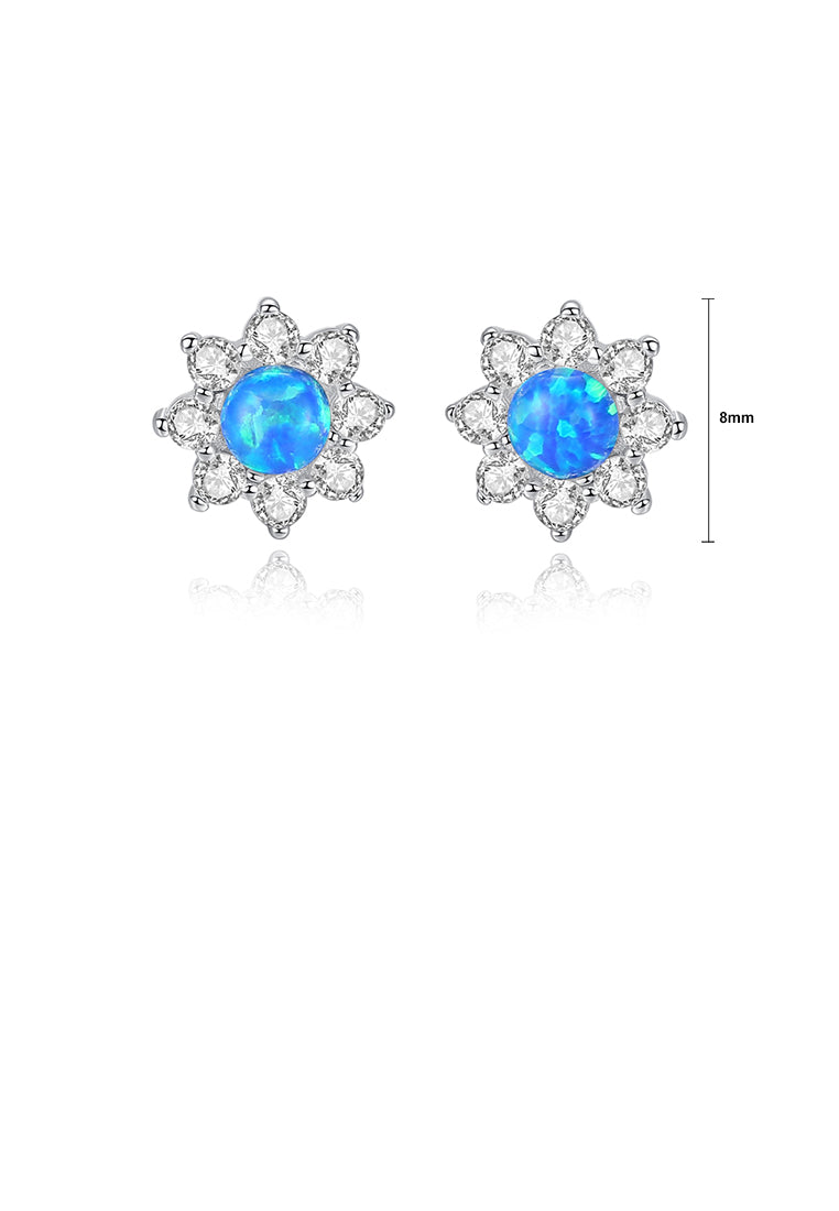925 Sterling Silver Fashion and Elegant Flower Blue Imitation Opal Earrings with Cubic Zirconia - Luxurious Look