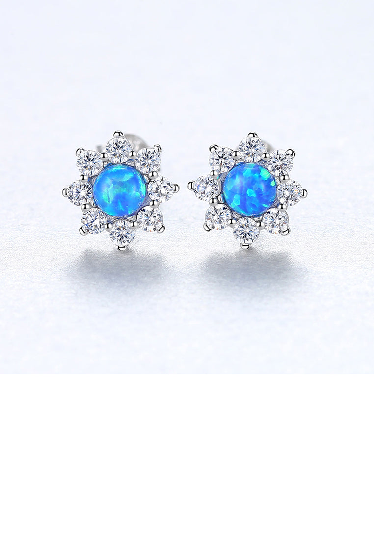 925 Sterling Silver Fashion and Elegant Flower Blue Imitation Opal Earrings with Cubic Zirconia - Luxurious Look