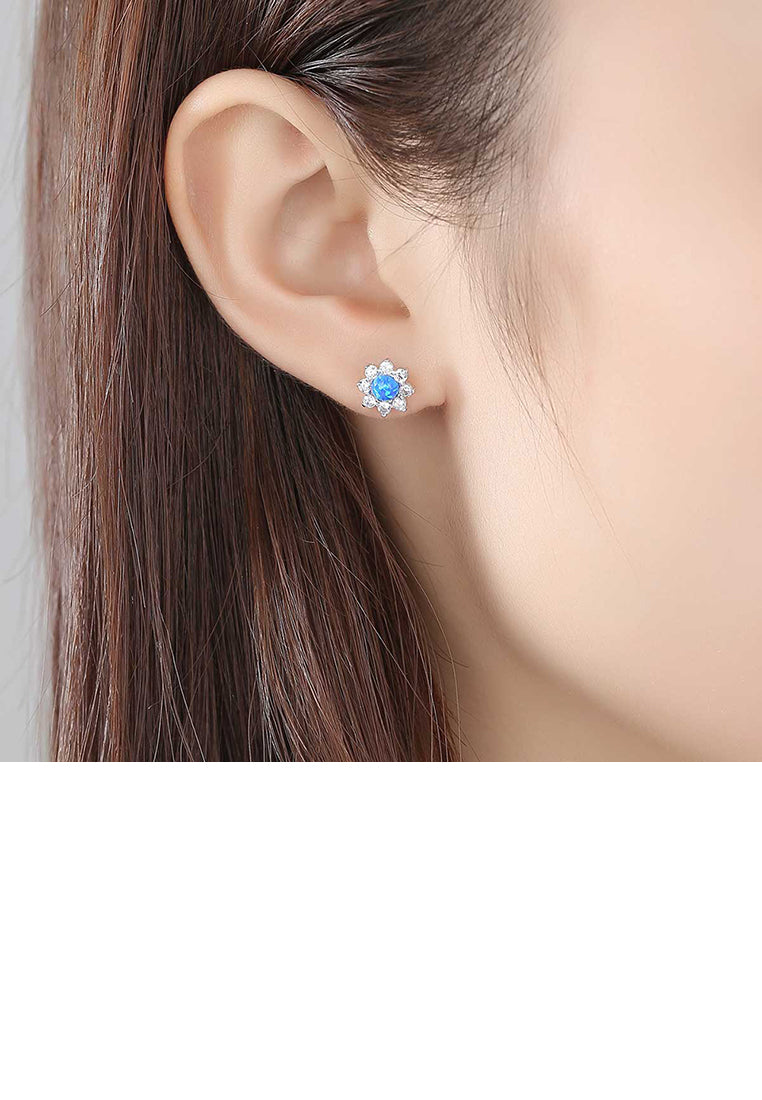 925 Sterling Silver Fashion and Elegant Flower Blue Imitation Opal Earrings with Cubic Zirconia - Luxurious Look