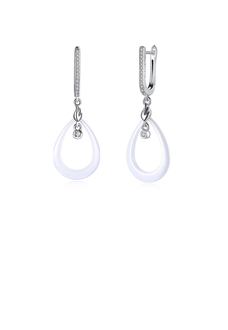 925 Sterling Silver Simple Fashion Water Drop-shaped White Ceramic Earrings with Cubic Zircon