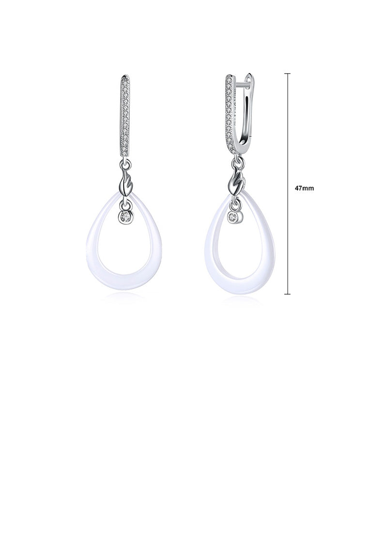925 Sterling Silver Simple Fashion Water Drop-shaped White Ceramic Earrings with Cubic Zircon
