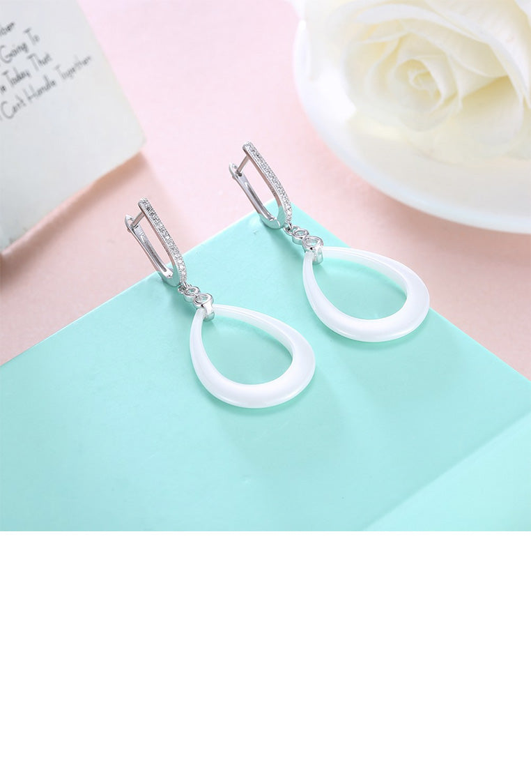 925 Sterling Silver Simple Fashion Water Drop-shaped White Ceramic Earrings with Cubic Zircon
