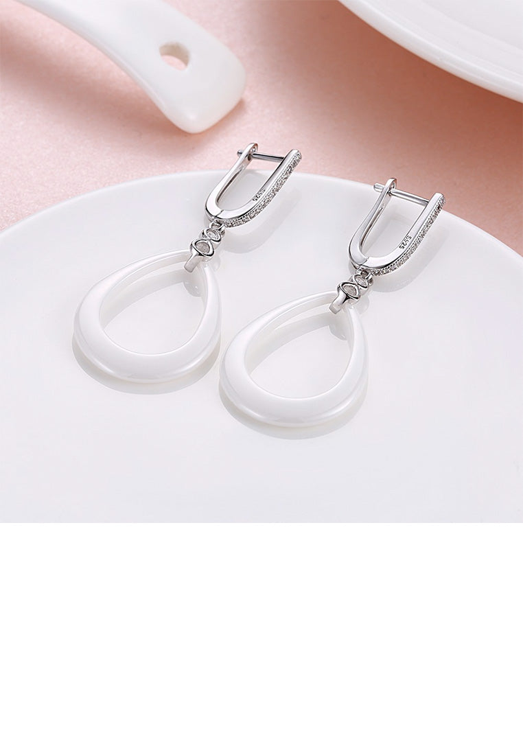 925 Sterling Silver Simple Fashion Water Drop-shaped White Ceramic Earrings with Cubic Zircon