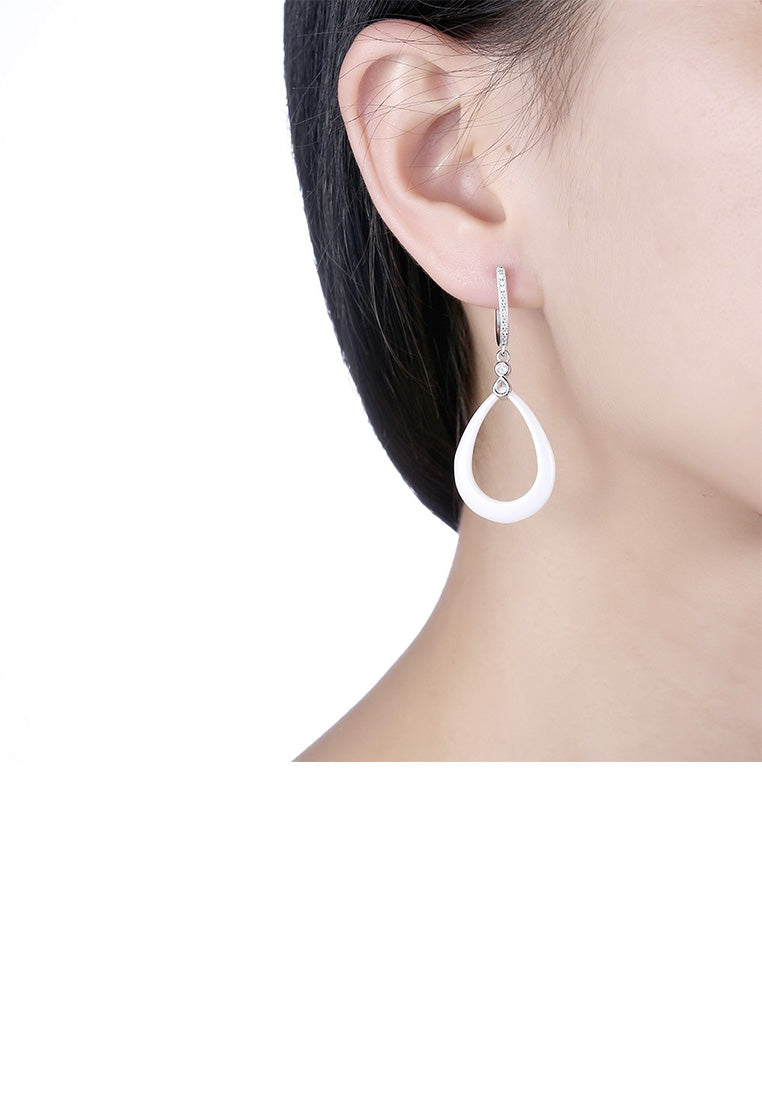 925 Sterling Silver Simple Fashion Water Drop-shaped White Ceramic Earrings with Cubic Zircon