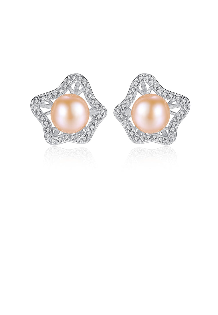 925 Sterling Silver Fashion and Elegant Hollow Flower Earrings with Pink Freshwater Pearls and Cubic Zirconia - Luxurious Look - Vibrant Color