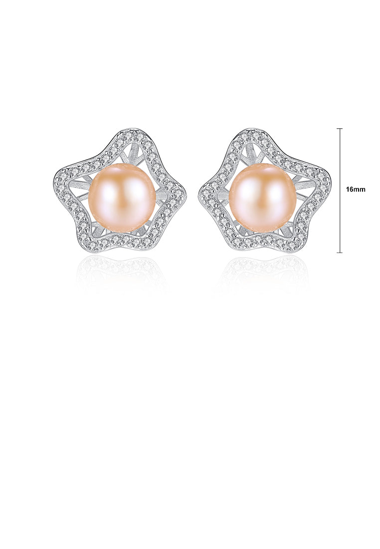 925 Sterling Silver Fashion and Elegant Hollow Flower Earrings with Pink Freshwater Pearls and Cubic Zirconia - Luxurious Look - Vibrant Color