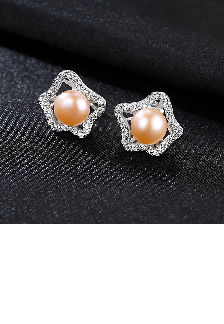 925 Sterling Silver Fashion and Elegant Hollow Flower Earrings with Pink Freshwater Pearls and Cubic Zirconia - Luxurious Look - Vibrant Color