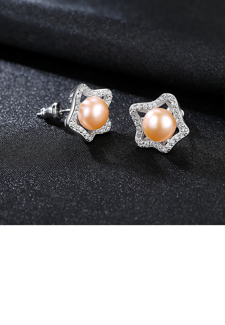 925 Sterling Silver Fashion and Elegant Hollow Flower Earrings with Pink Freshwater Pearls and Cubic Zirconia - Luxurious Look - Vibrant Color
