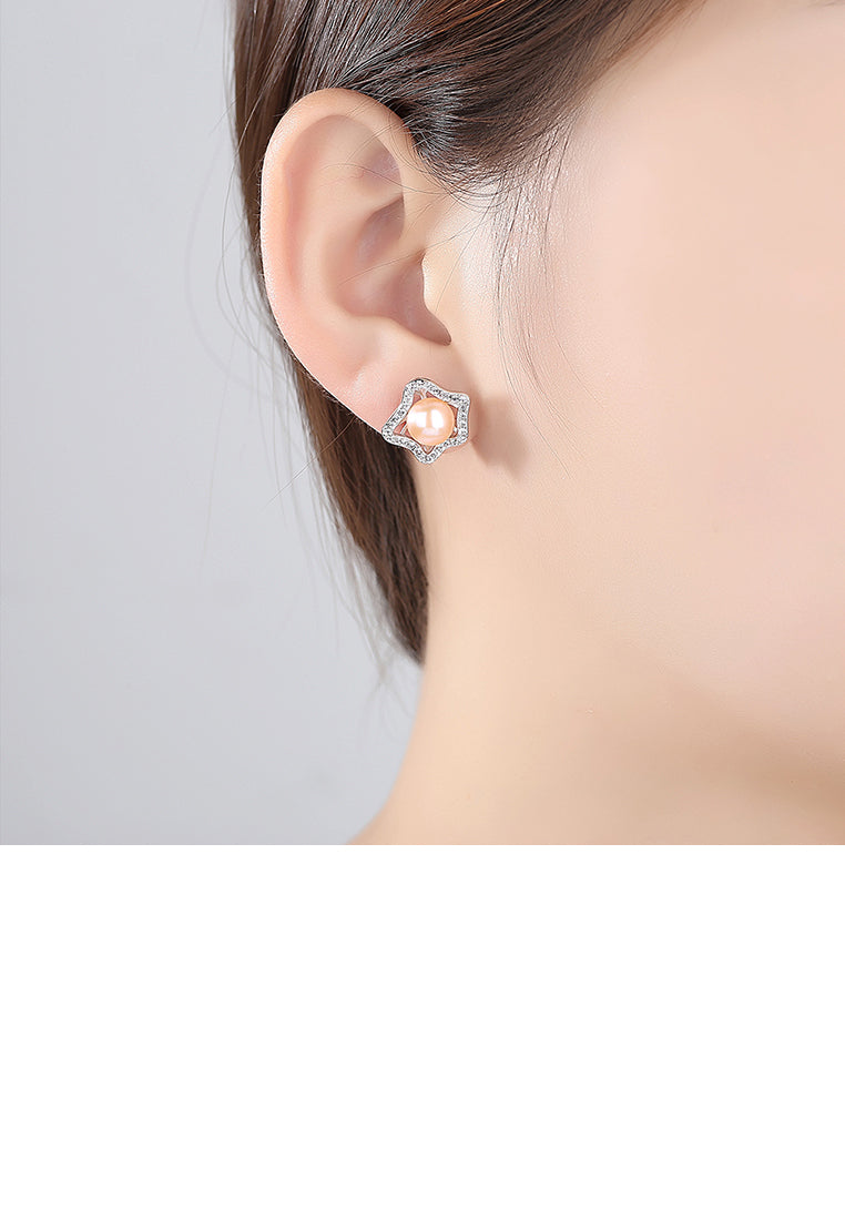 925 Sterling Silver Fashion and Elegant Hollow Flower Earrings with Pink Freshwater Pearls and Cubic Zirconia - Luxurious Look - Vibrant Color