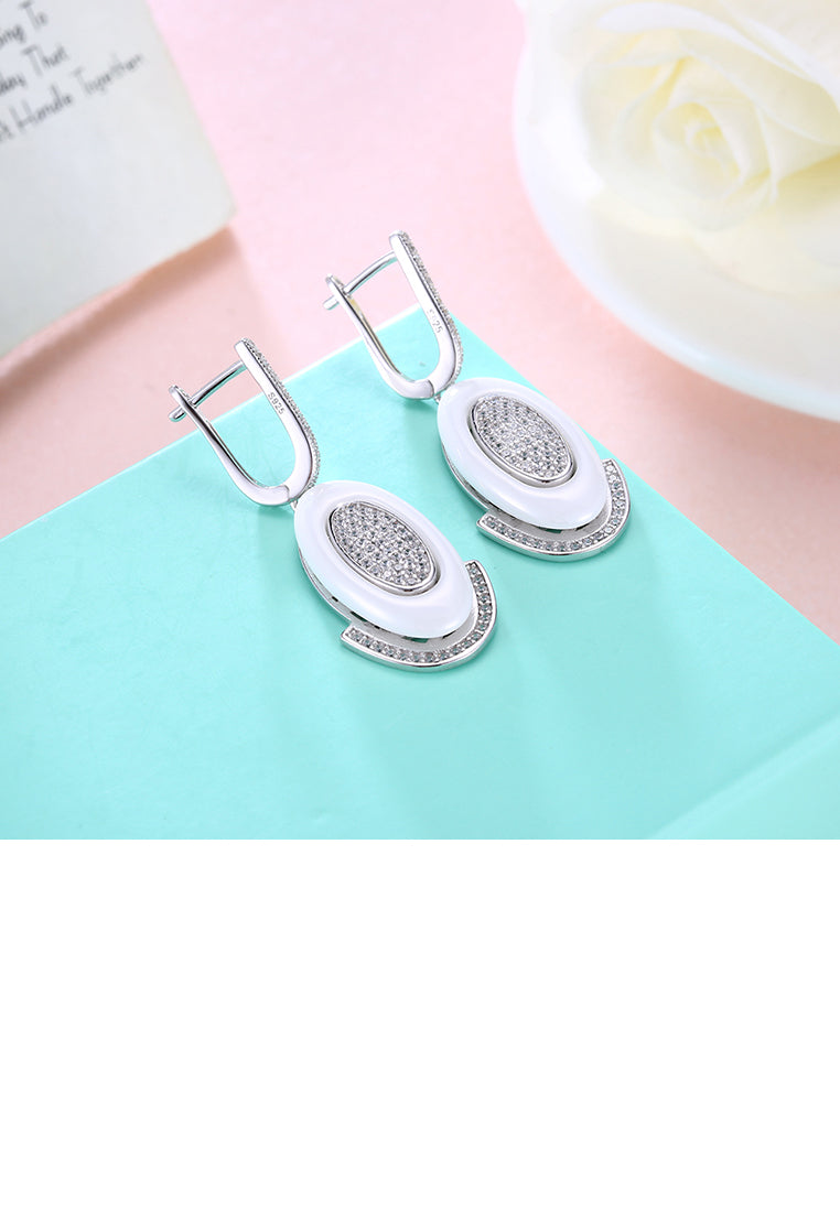 925 Sterling Silve Simple Elegant Noble Romantic White Geometric Oval Circle Earrings with Cubic Zircon
