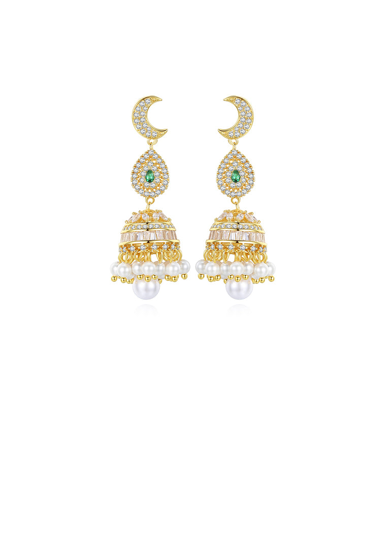Fashion Vintage Plated Gold Geometric Wind Chimes Imitation Pearl Earrings with Cubic Zirconia - Luxurious Look