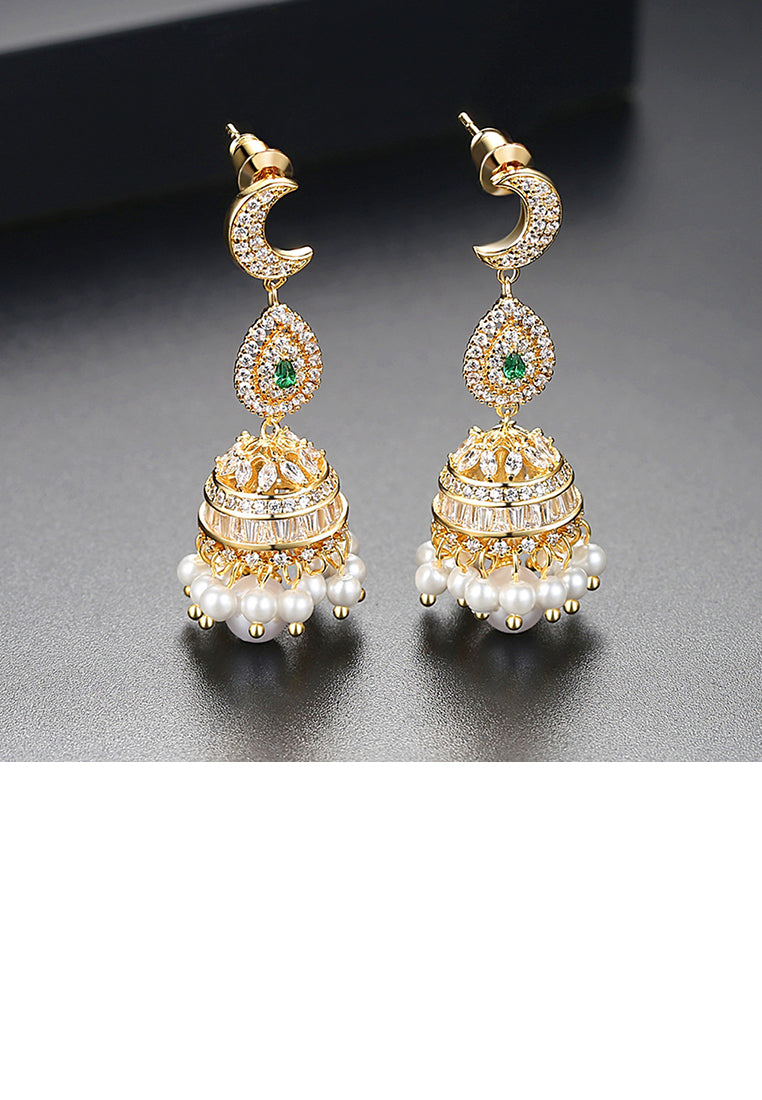 Fashion Vintage Plated Gold Geometric Wind Chimes Imitation Pearl Earrings with Cubic Zirconia - Luxurious Look