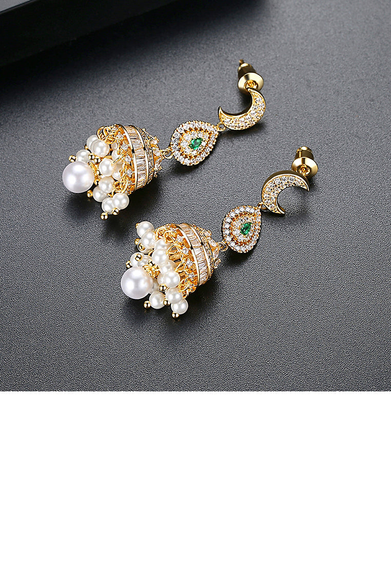 Fashion Vintage Plated Gold Geometric Wind Chimes Imitation Pearl Earrings with Cubic Zirconia - Luxurious Look