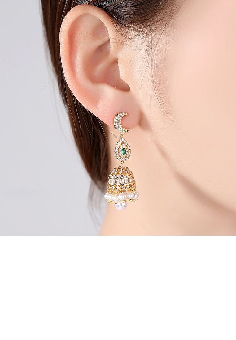 Fashion Vintage Plated Gold Geometric Wind Chimes Imitation Pearl Earrings with Cubic Zirconia - Luxurious Look