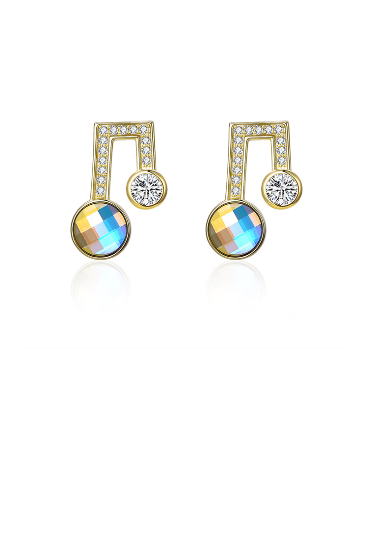 925 Sterling Silver Simple Plated Gold Note Earrings with Austrian Element Crystal
