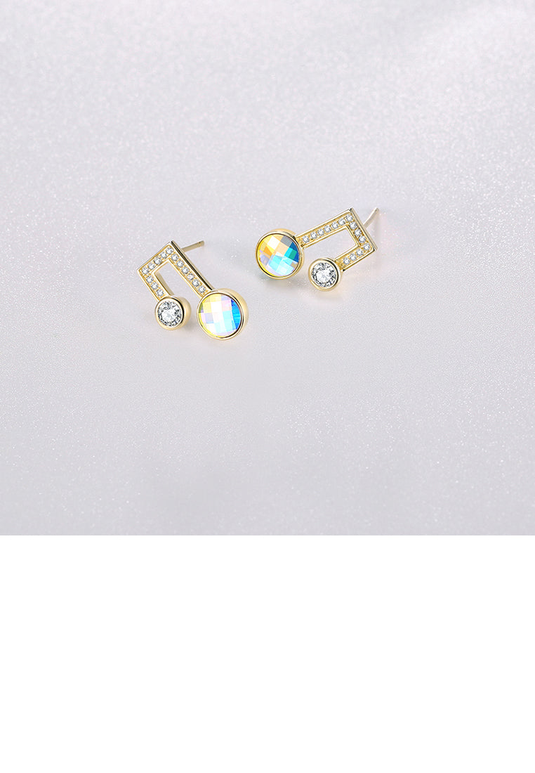 925 Sterling Silver Simple Plated Gold Note Earrings with Austrian Element Crystal