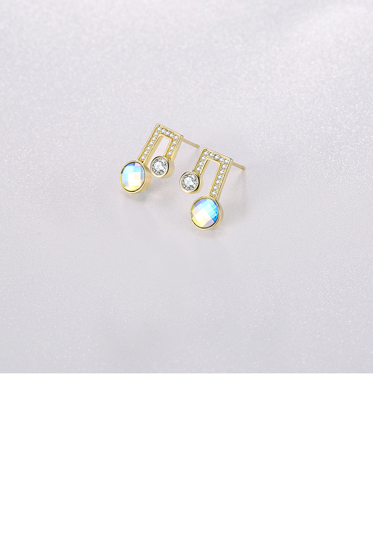 925 Sterling Silver Simple Plated Gold Note Earrings with Austrian Element Crystal