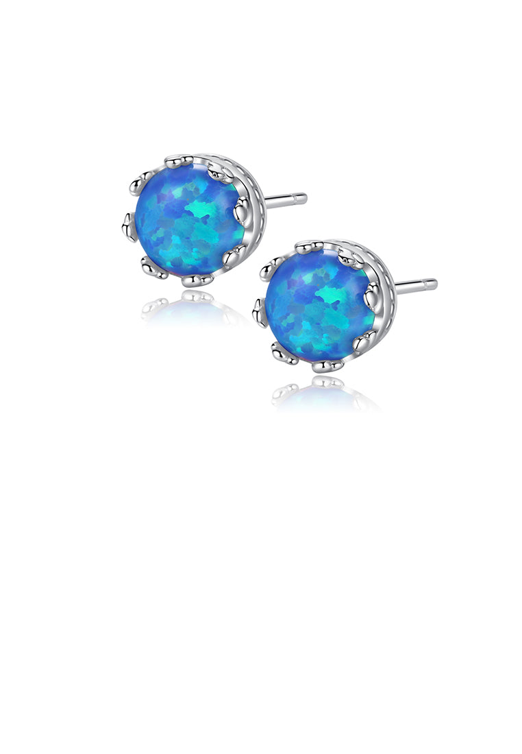 925 Sterling Silver Simple Fashion Geometric Round Blue Imitation Opal Stud Earrings