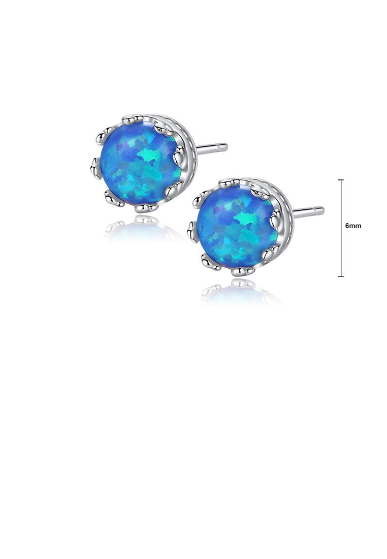 925 Sterling Silver Simple Fashion Geometric Round Blue Imitation Opal Stud Earrings