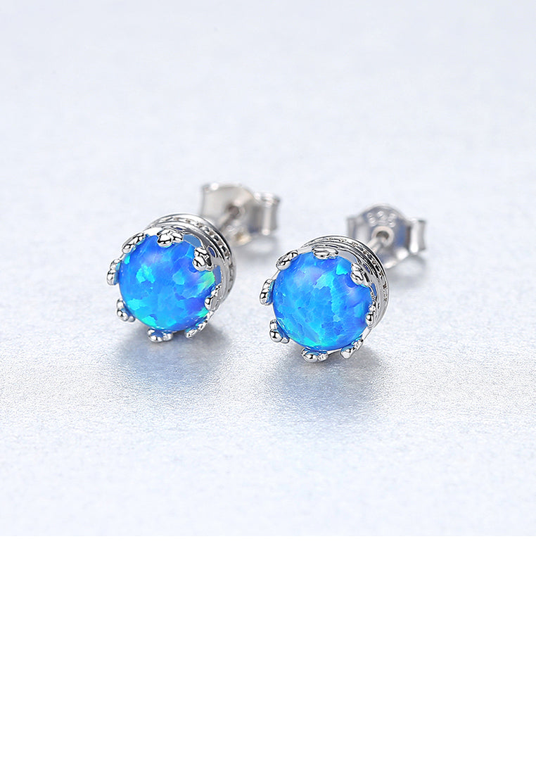 925 Sterling Silver Simple Fashion Geometric Round Blue Imitation Opal Stud Earrings