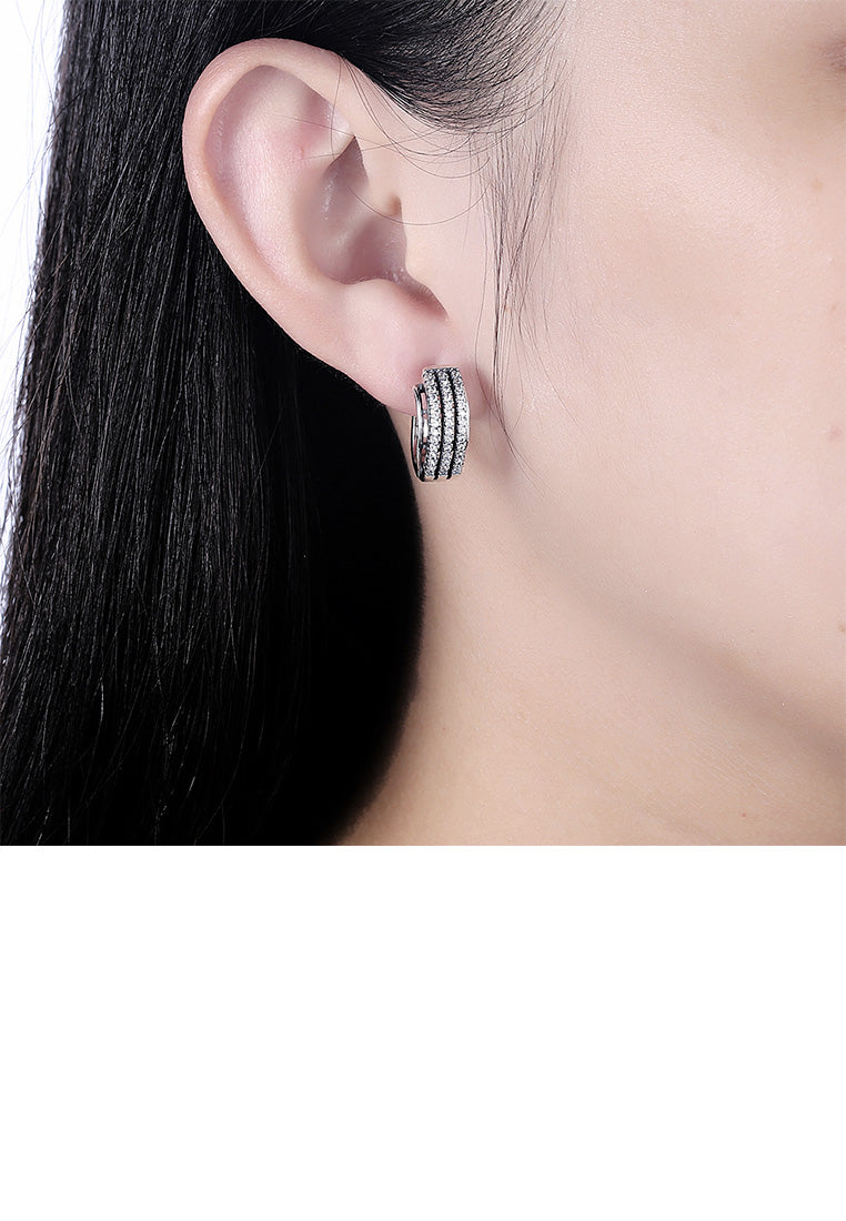 925 Sterling Silver Elegant Geometric Three Row Cubic Zircon Stud Earrings
