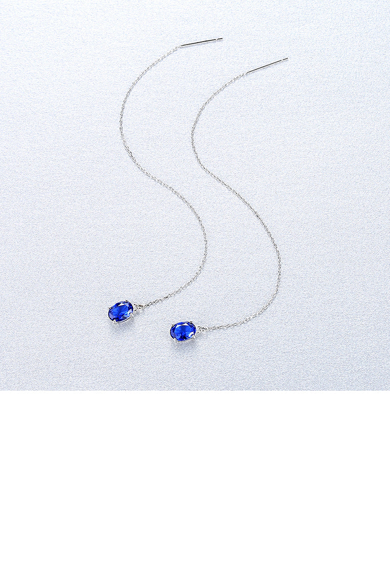 925 Sterling Silver Simple and Fashion Geometric Oval Tassel Earrings with Blue Cubic Zirconia - Luxurious Look