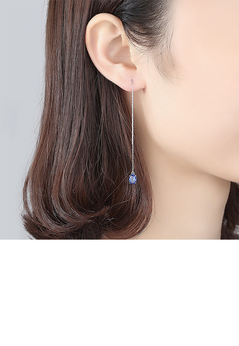 925 Sterling Silver Simple and Fashion Geometric Oval Tassel Earrings with Blue Cubic Zirconia - Luxurious Look