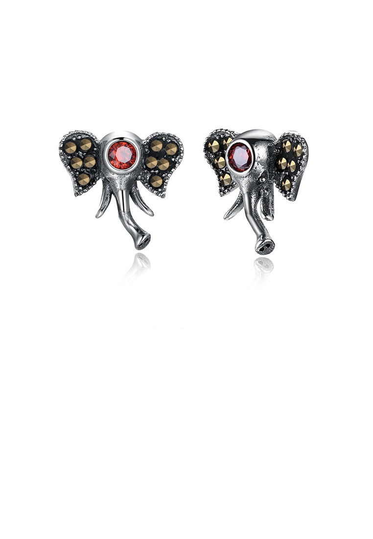 925 Sterling Silver Vintage Fashion Elephant Red Cubic Zircon Stud Earrings - Vibrant Color